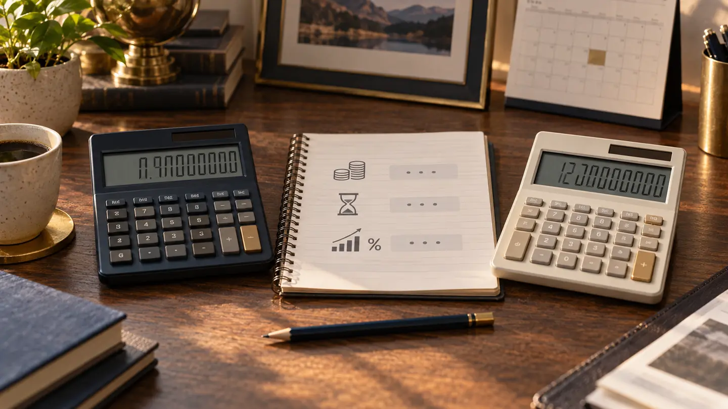 Two calculators beside a planning notebook on a warm wooden desk