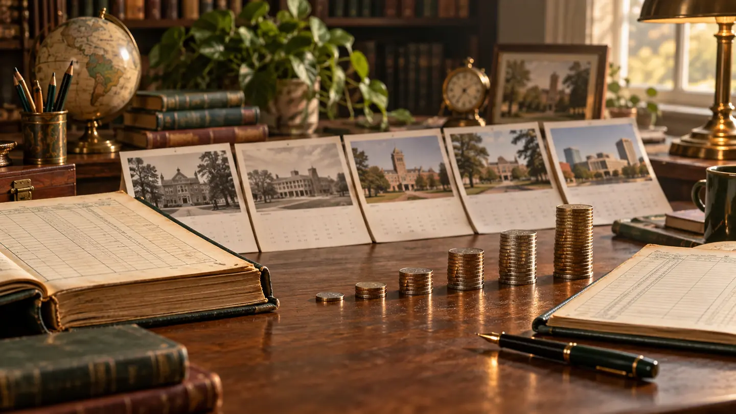 Long-term ledger, calendars, and growing stacks of coins