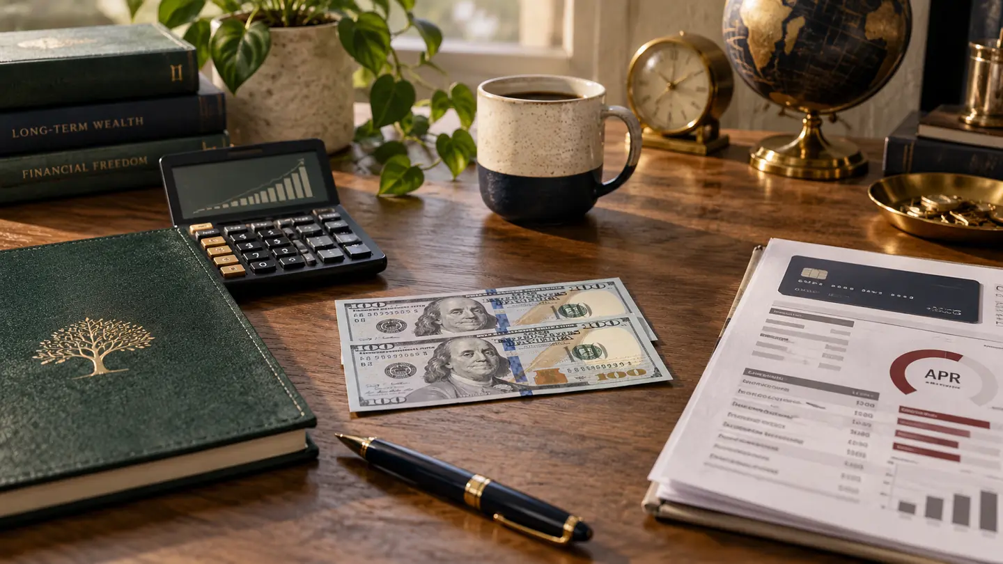 Warm financial planning desk with two hundred dollars, a growth calculator, and a high-APR statement